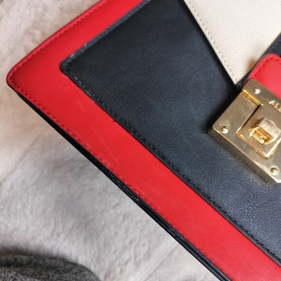 ALDO Colorblock Top Handle Satchel | Red White Black Gold Chain Detail - Picture 4 of 10